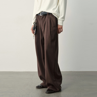 Vavu毛呢倒褶纯色直筒垂感休闲裤秋冬高级慵懒感长裤舒适阔腿裤子