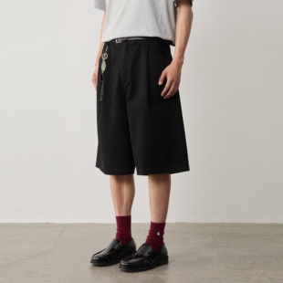 夏 纯色纽扣中裤 Vavu水洗全棉碳素磨毛单褶短裤 宽松休闲直筒五分裤