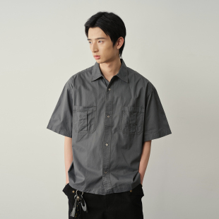 休闲翻领上衣纯棉复古百搭开衫 衬衫 外套 双袋短袖 Vavu酵素水洗工装