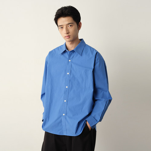 Vavu萨克斯蓝碳素水洗长袖衬衫