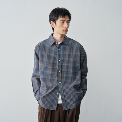 Vavu日系复古蓝调格纹纯棉衬衫