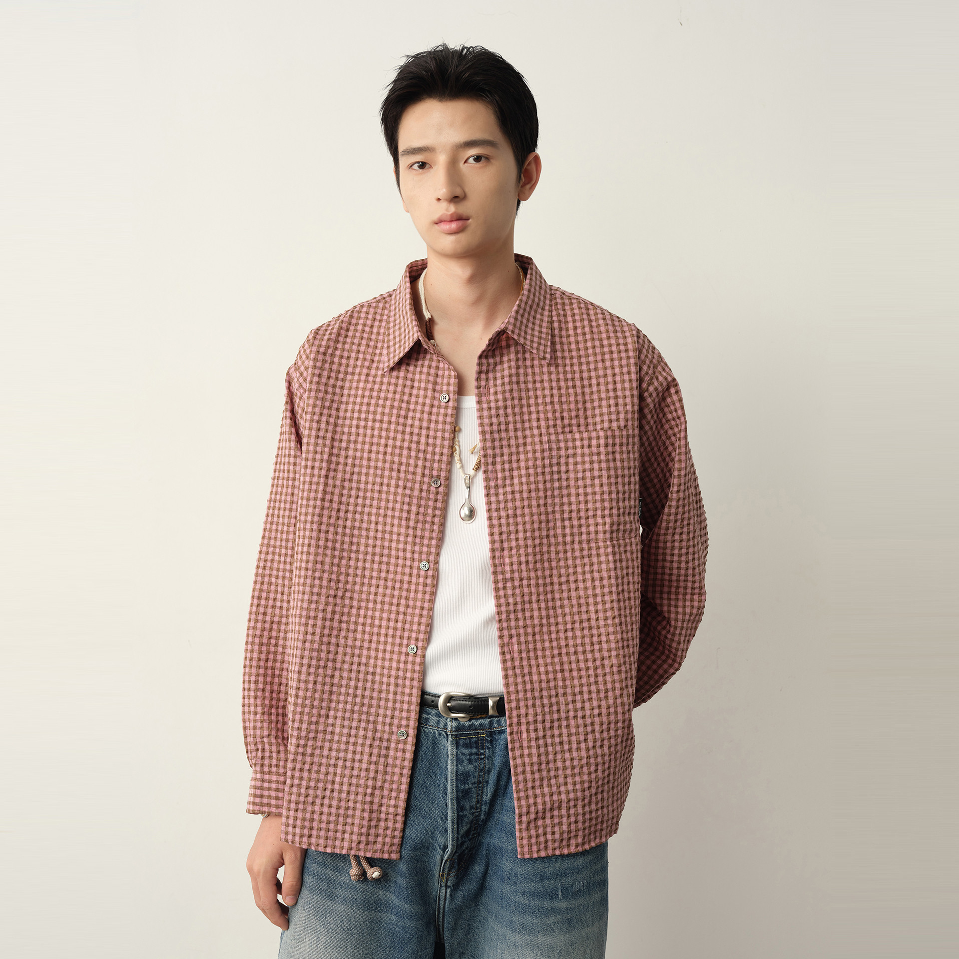 Vavu翻领泡泡纱肌理感小格子衬衫