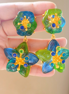 DD中古系列/重工黄铜树脂镶钻渐变绿色耳环 多巴胺巴洛克复古耳夹