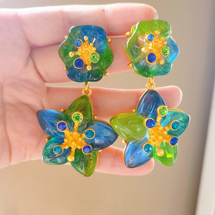 DD中古系列/重工黄铜树脂镶钻渐变绿色耳环 多巴胺巴洛克复古耳夹