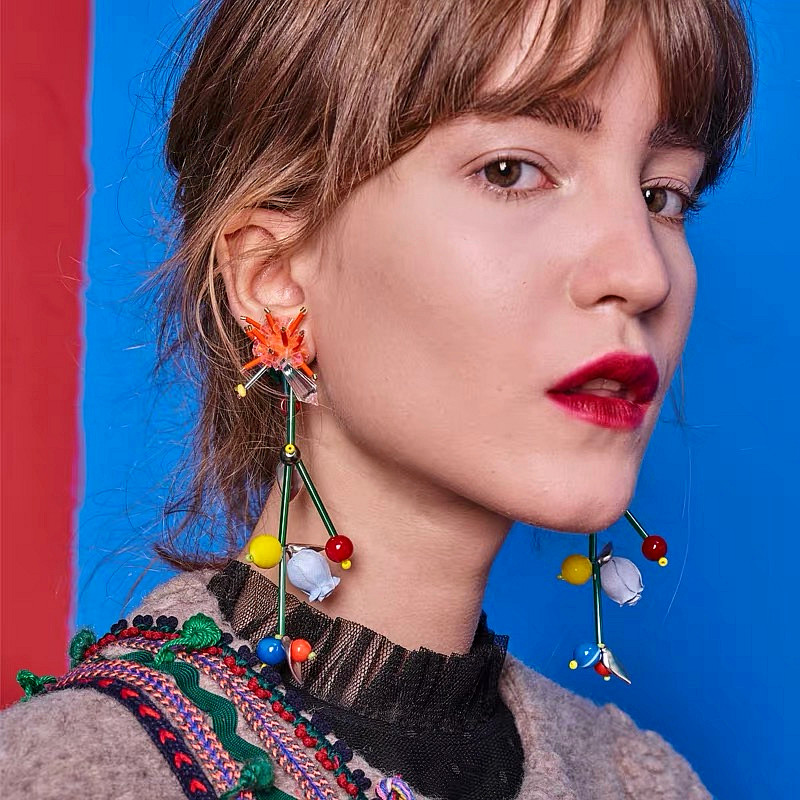 DD繁花系列/手工钉珠糖果色小清新精灵感耳环 长款重工串珠耳夹