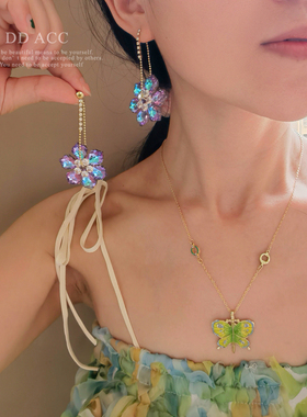 DD莹彩紫色梦幻花朵链条耳环925银针简约仙女风百搭耳坠