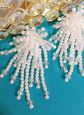 DD自制泫雅同款珍珠水晶白色瀑布流苏耳环韩国东大门手工串珠耳夹