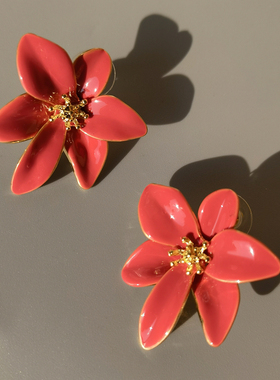 DD巴洛克复古风chao高品质法式滴油工艺18k金玫红色花朵耳环耳钉