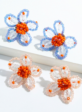 DD纯手工浪漫小清新气质手工百搭水晶珠花撞色耳环女耳夹耳钉