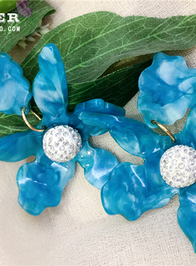 DD高端！s925银 镶钻夸张亚克力纹理树脂3D立体大花朵耳环耳夹