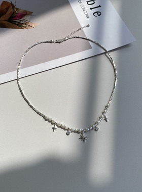 防过敏不掉色高级感碎银子质感时尚百搭日常八芒星珍珠项链锁骨链