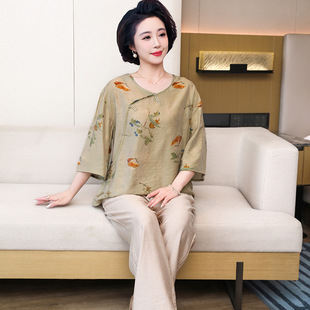 2026新款天丝棉麻套装中老年人夏季短袖衬衫妈妈夏装奶奶开衫外套