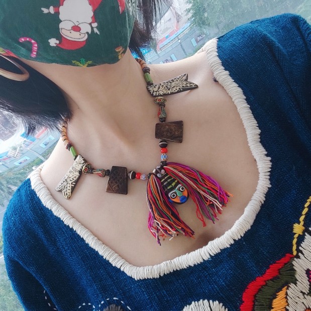 vintage非洲民族风部落腓尼基琉璃人面楼兰古珠琉璃珠项链怪人脸