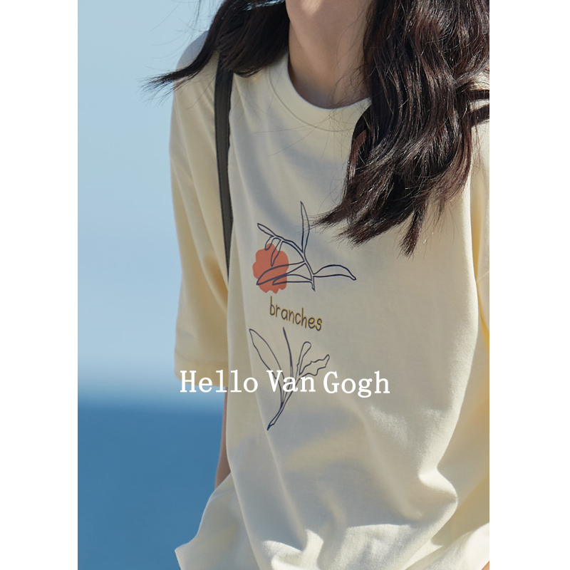 HELLO VAN GOGH简约手绘艺术美纯棉T恤2024女淡黄色抽象印花短袖-封面
