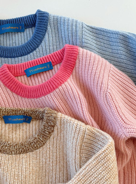 TT cashmere儿童三股加厚纯山羊绒毛衣男女洋气撞色针织打底衫