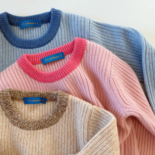 cashmere儿童三股加厚纯山羊绒毛衣男女洋气撞色针织打底衫