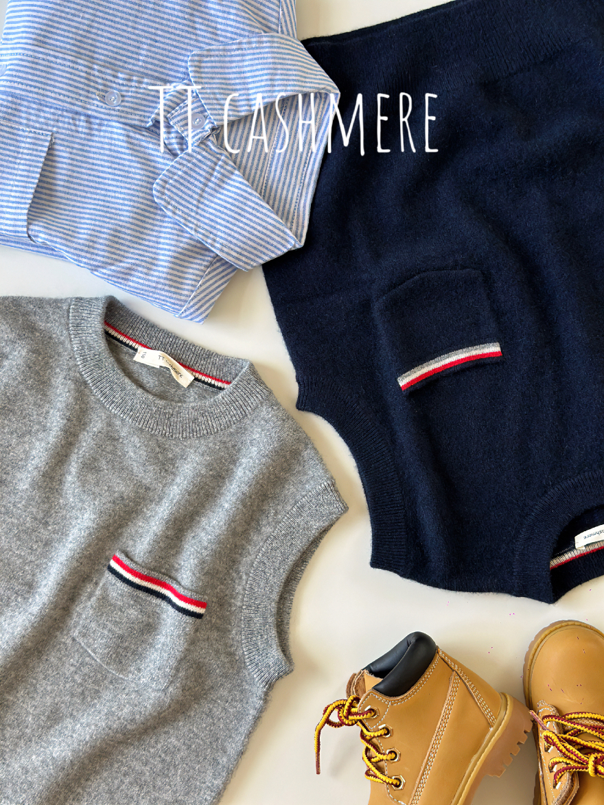 TTcashmere男童圆领简约条纹100%山羊绒套头儿童儿童羊绒衫背心