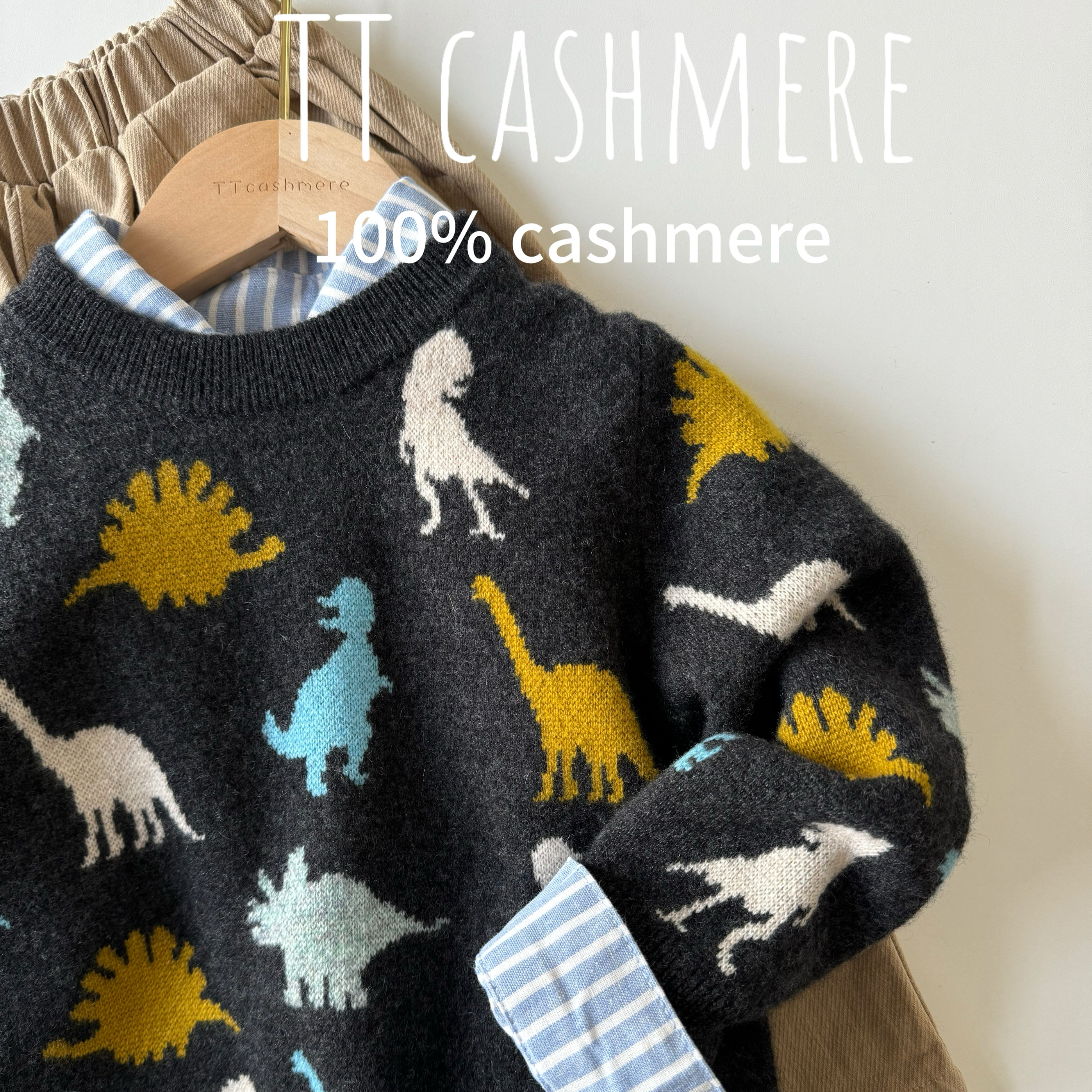 TT cashmere儿童山羊绒卡通恐龙提花加厚洋气毛衣柔软保暖