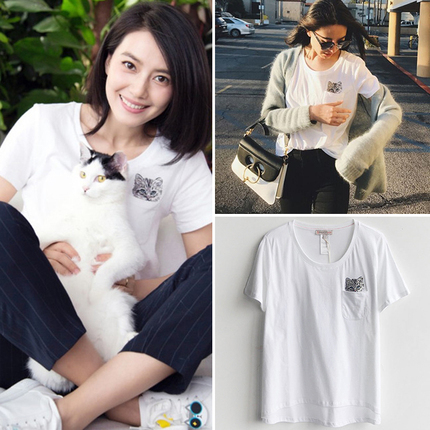 洛城记 美代 Paul Joe Sister 高圆圆同款刺绣探头猫短袖T恤