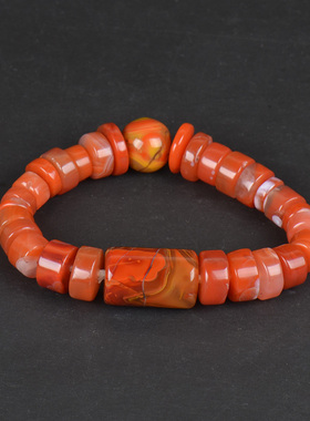 天然北票战国玛瑙圆珠桶珠手链搭配南红不规则玛瑙隔片手串17厘米