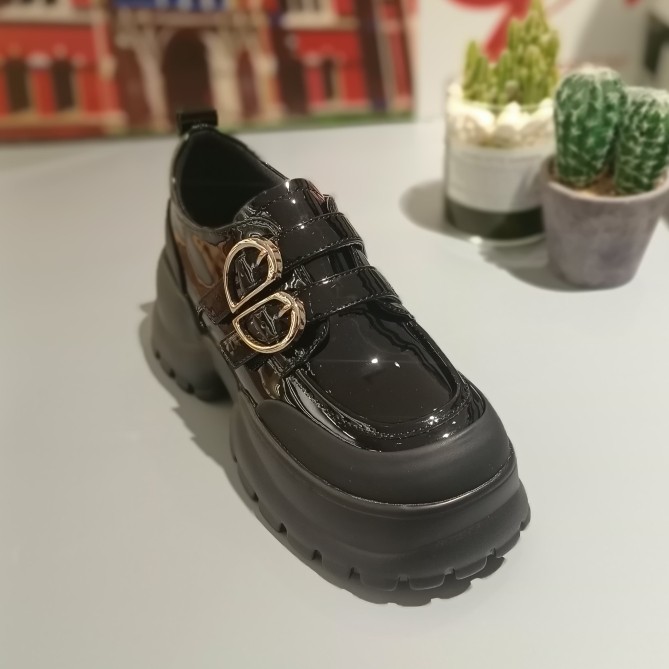 潮牌黑色厚底乐福增高一脚蹬亮皮英伦松糕底皮鞋m60女鞋商场专柜