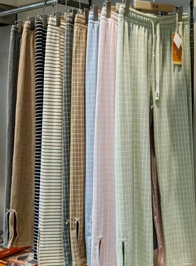 蘑菇懒人裤62802德绒玻尿酸外穿宽松直筒裤条纹格子居家遛弯睡裤