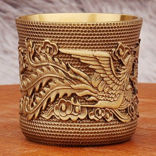 加厚纯铜龙凤呈祥酒杯复古浮雕百福杯二两杯白酒杯黄铜酒具器摆件