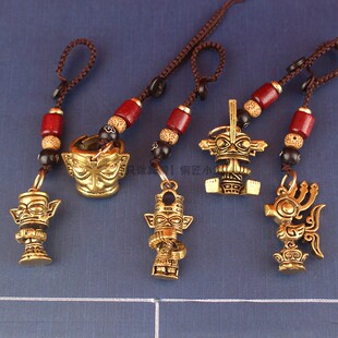 纯黄铜三星堆挂件钥匙扣纵目人大立人太阳神鸟平头人包钥匙链吊坠