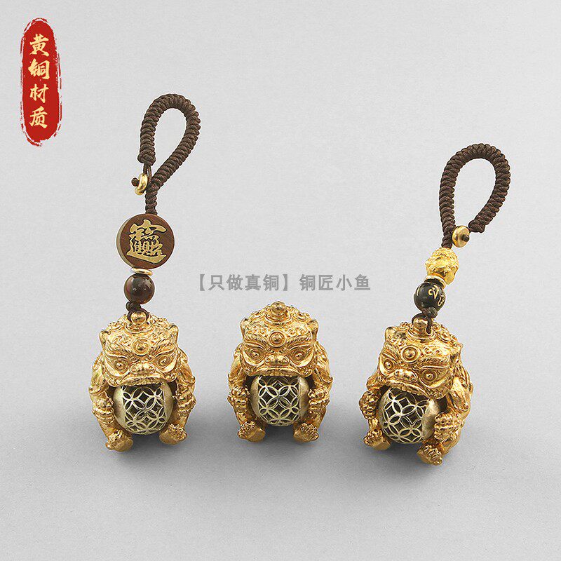 纯铜醒狮抱球转转手把件时来运转图片