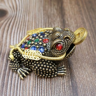 小号纯黄铜金蟾招财三足金蟾摆件彩色宝石三脚金蝉蟾蜍家居装饰品