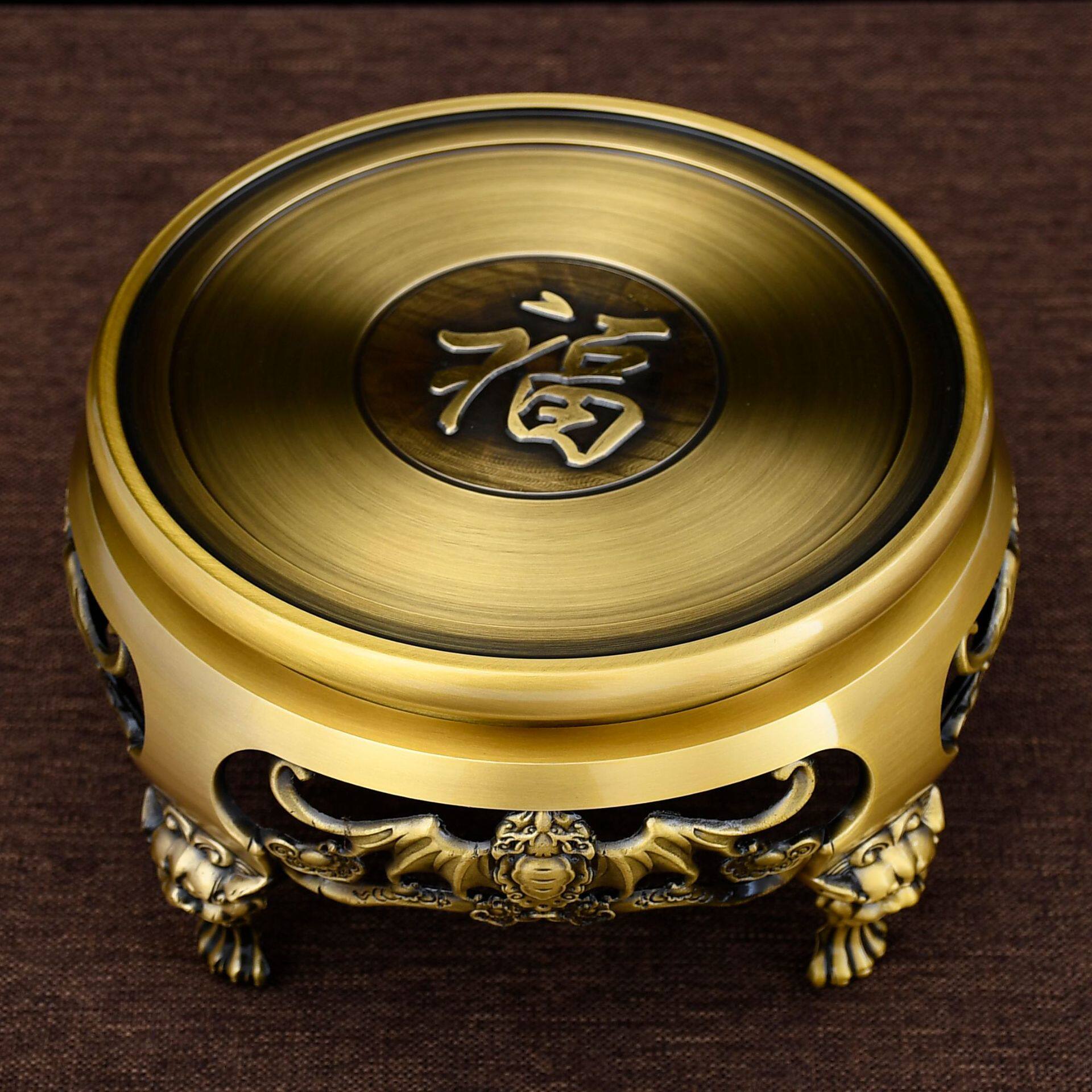 19cm大号底座五福摆件纯黄铜葫芦香炉文昌塔工艺品转盘旋转底托台