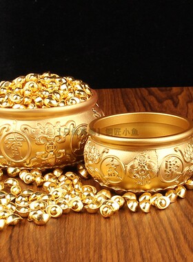 纯铜聚宝盆摆件大号小号五八福聚宝缸黄铜米缸招财摆设迷你小元宝