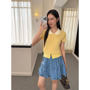 新款 2025夏Allo 女2025夏季 韩系娃娃领短袖 甜美减龄上衣 针织开衫