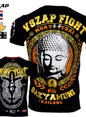 VSZAP泰拳佛头格斗烫金MMA训练短袖T恤男UFC纯棉运动健身衣拳击服