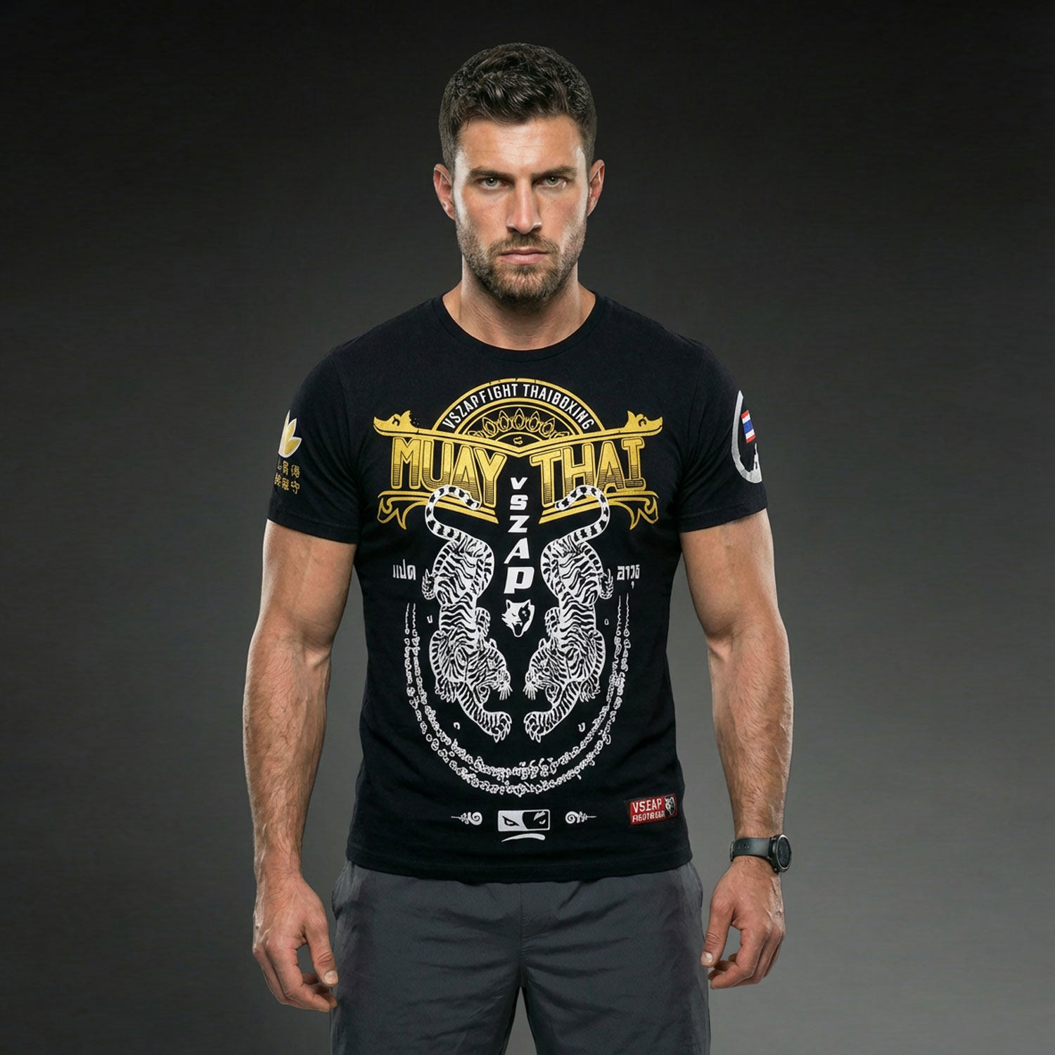 VSZAP泰拳佛头格斗烫金MMA训练短袖T恤男UFC纯棉运动健身衣拳击服