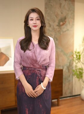 【烟粉沉黛】赵曼60126长袖百搭常规晕染显瘦时尚气质桑蚕丝印花
