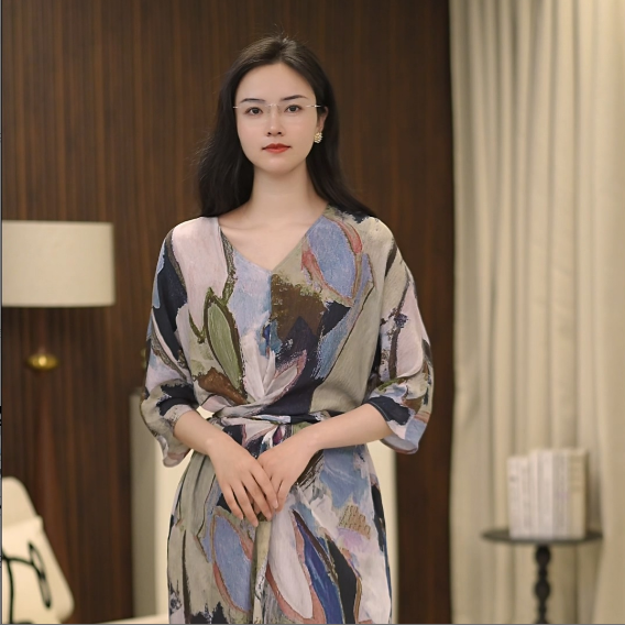 辛彤【浮生绘】60162珍珠重绉提花半袖连衣裙印花女装裙子