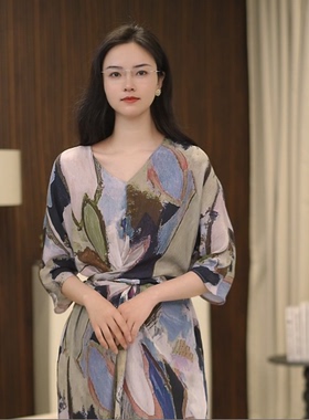 辛彤【浮生绘】60162珍珠重绉提花半袖连衣裙印花女装裙子