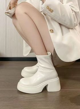 红蜒青冬季高跟鞋时尚小个子增高弹力瘦瘦靴白色短靴女2025马丁靴