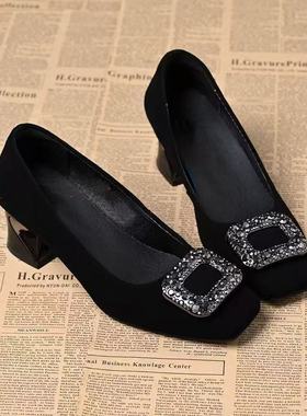 气质法式方头水钻浅口2025新款女鞋黑色绒面脚蹬通勤单鞋