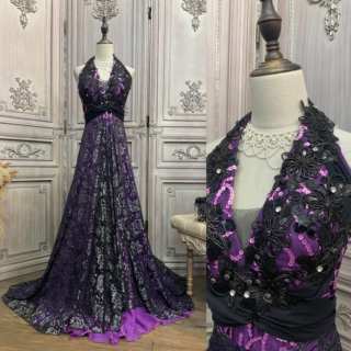 14码黑紫色蕾丝挂脖长款礼服1116a