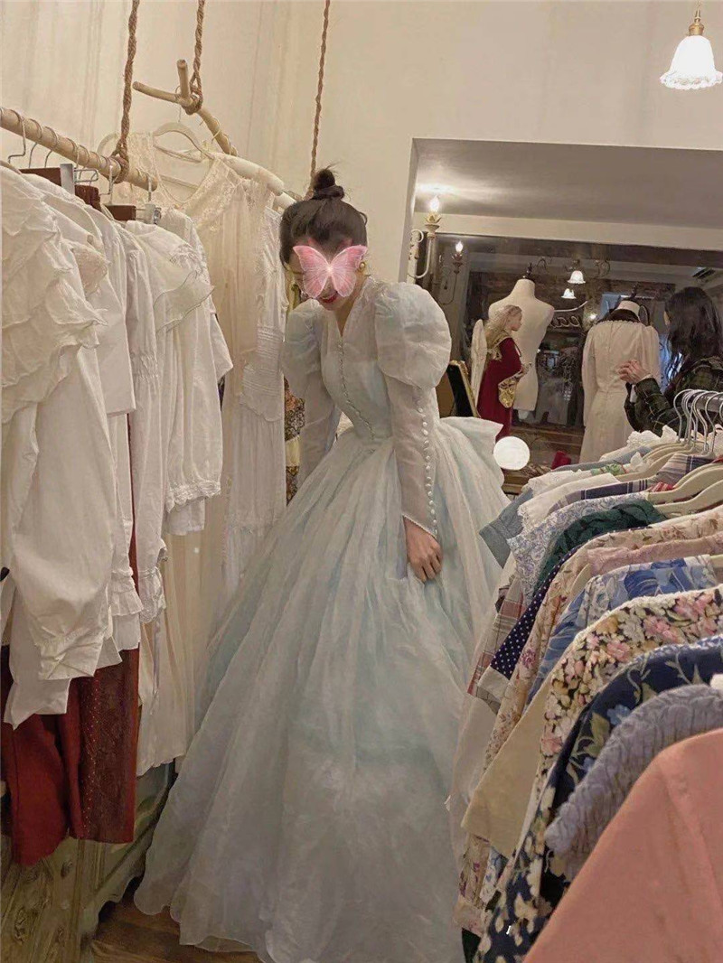 【定制款】天蓝色 在逃公主古董婚纱复刻 复古vintage 蓬蓬裙礼服