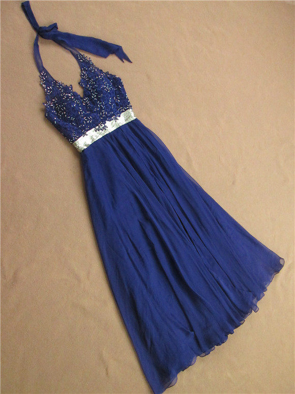 蓝色挂脖蕾丝气质a字裙钉珠长外贸晚礼服宴会加特大连衣裙y