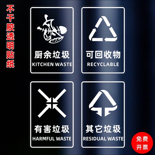 垃圾分类透明款防水防晒标识贴纸家用学校小区商场垃圾桶宣传提示