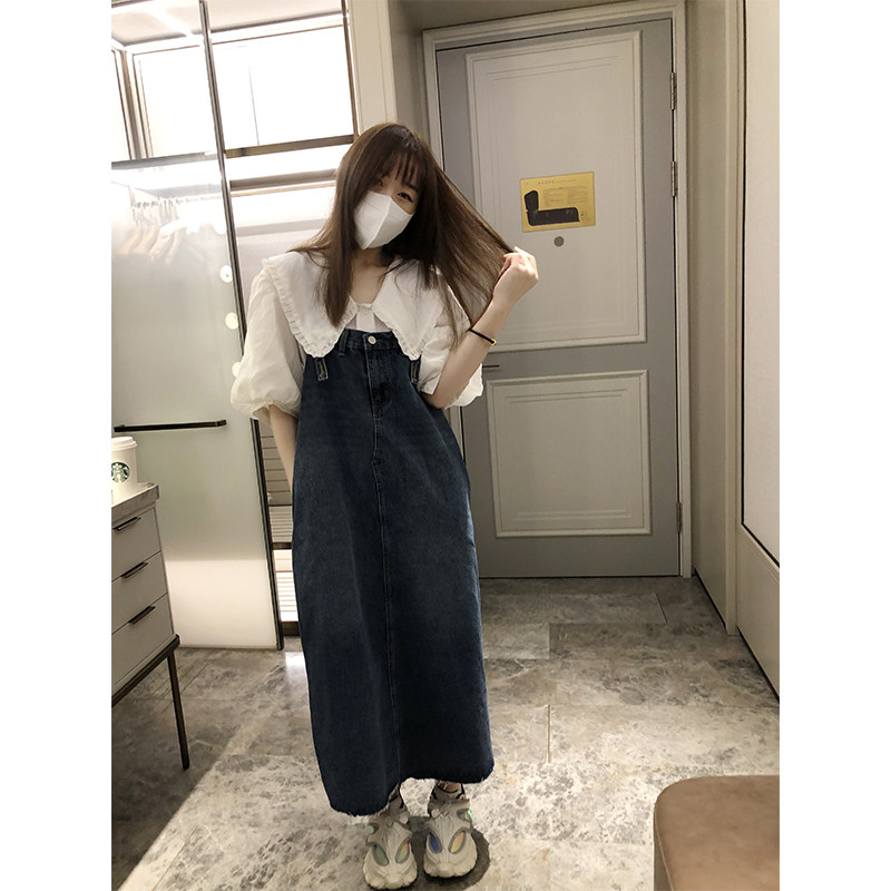 韩版背带裙纯色牛仔连衣裙