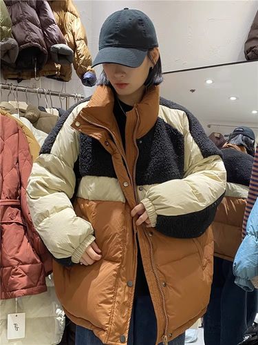 通勤韩版中长款拼色羽绒服外套