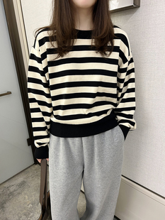休闲圆领卫衣黑白条纹女宽松针织上衣 韩版 superxue秋装 新款