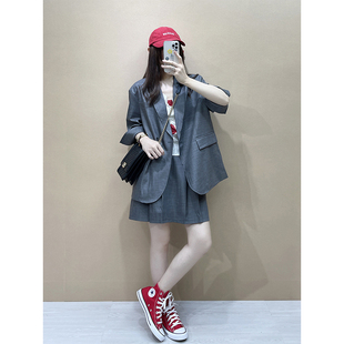 灰色西装 休闲西服外套 套装 新款 短裙子两件套 女夏款 superxue