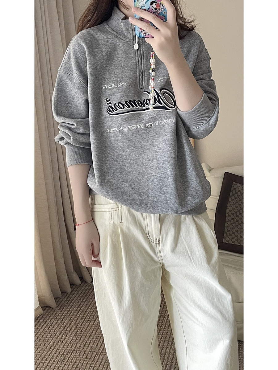 宽松休闲卫衣套头半拉链灰色女