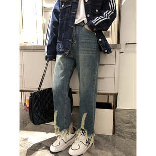 春秋高腰宽松直筒裤 女新款 子ins高街潮 破洞牛仔裤 superxue